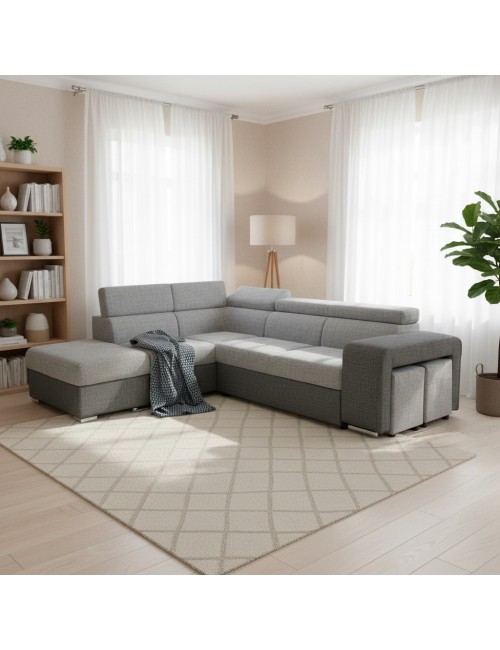 Divano Letto Angolare Sophie con Penisola Sinistra, 2 Pouf Estraibili e Pouf Contenitore – grigio e Grigio Chiaro