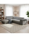Divano Letto Angolare Sophie con Penisola Sinistra, 2 Pouf Estraibili e Pouf Contenitore – grigio e Grigio Chiaro