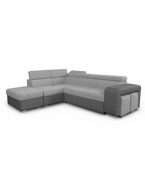 Divano Letto Angolare Sophie con Penisola Sinistra, 2 Pouf Estraibili e Pouf Contenitore – grigio e Grigio Chiaro