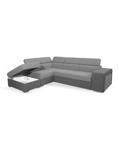 Divano Letto Angolare Sophie con Penisola Sinistra, 2 Pouf Estraibili e Pouf Contenitore – grigio e Grigio Chiaro