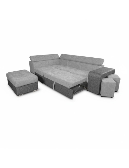 Divano Letto Angolare Sophie con Penisola Sinistra, 2 Pouf Estraibili e Pouf Contenitore – grigio e Grigio Chiaro