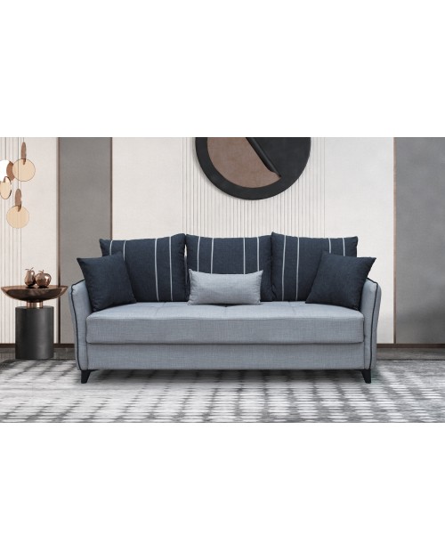 Divano 3 posti funzione letto contenitore Panama in tessuto grigio chiaro e cuscini grigio scuro 210x94x80h