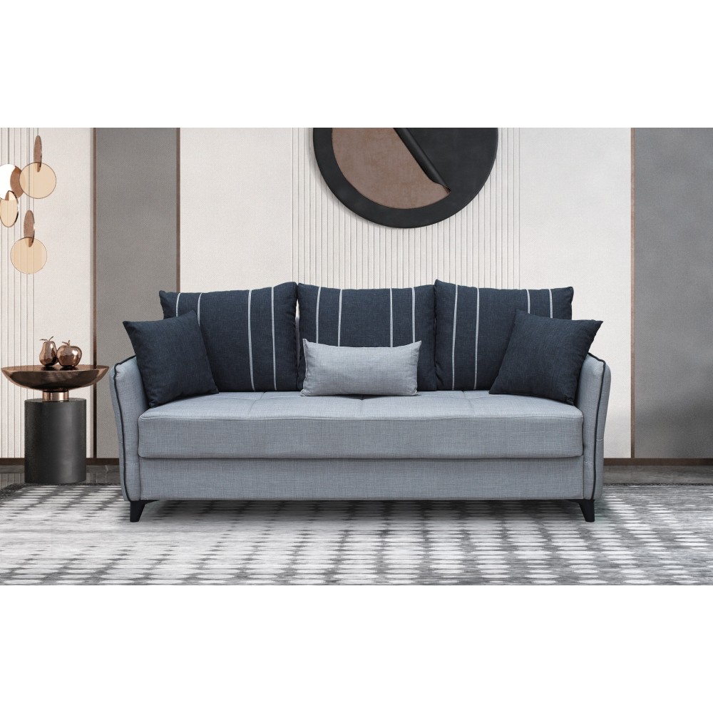 Divano 3 posti funzione letto contenitore Panama in tessuto grigio chiaro e cuscini grigio scuro 210x94x80h