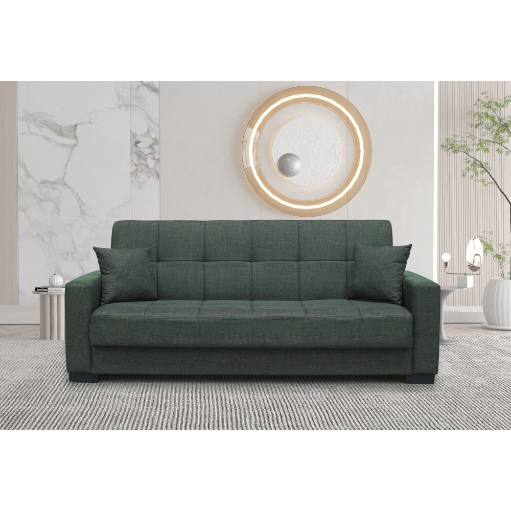 Divano 3 posti funzione letto contenitore NewMalpensa in tessuto verde oliva 225x88x94h