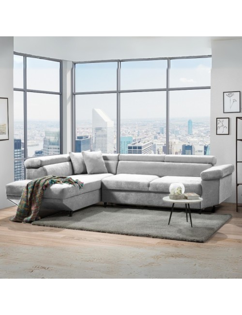 Divano angolare letto estraibile e penisola contenitore sinistra Denver colore grigio chiaro Ronda80 297x206x77H