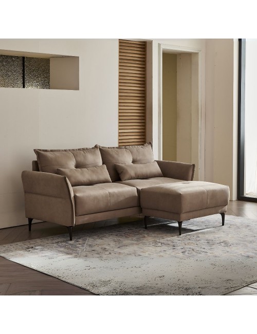 Divano 3 Posti Nutmeg con pouf in tessuto beige 196x76x86H