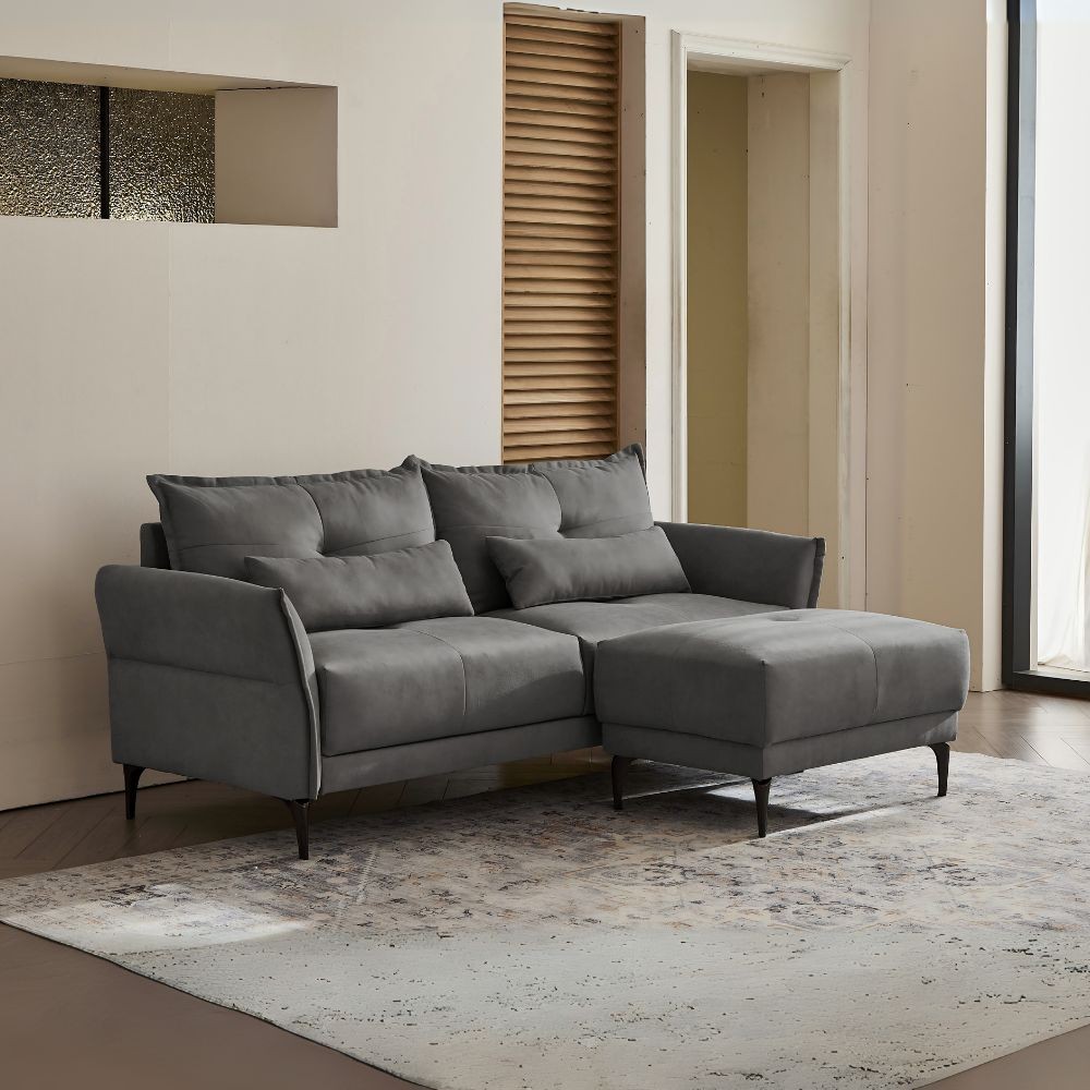 Divano 3 Posti Nutmeg con pouf in tessuto grigio scuro 196x76x86H