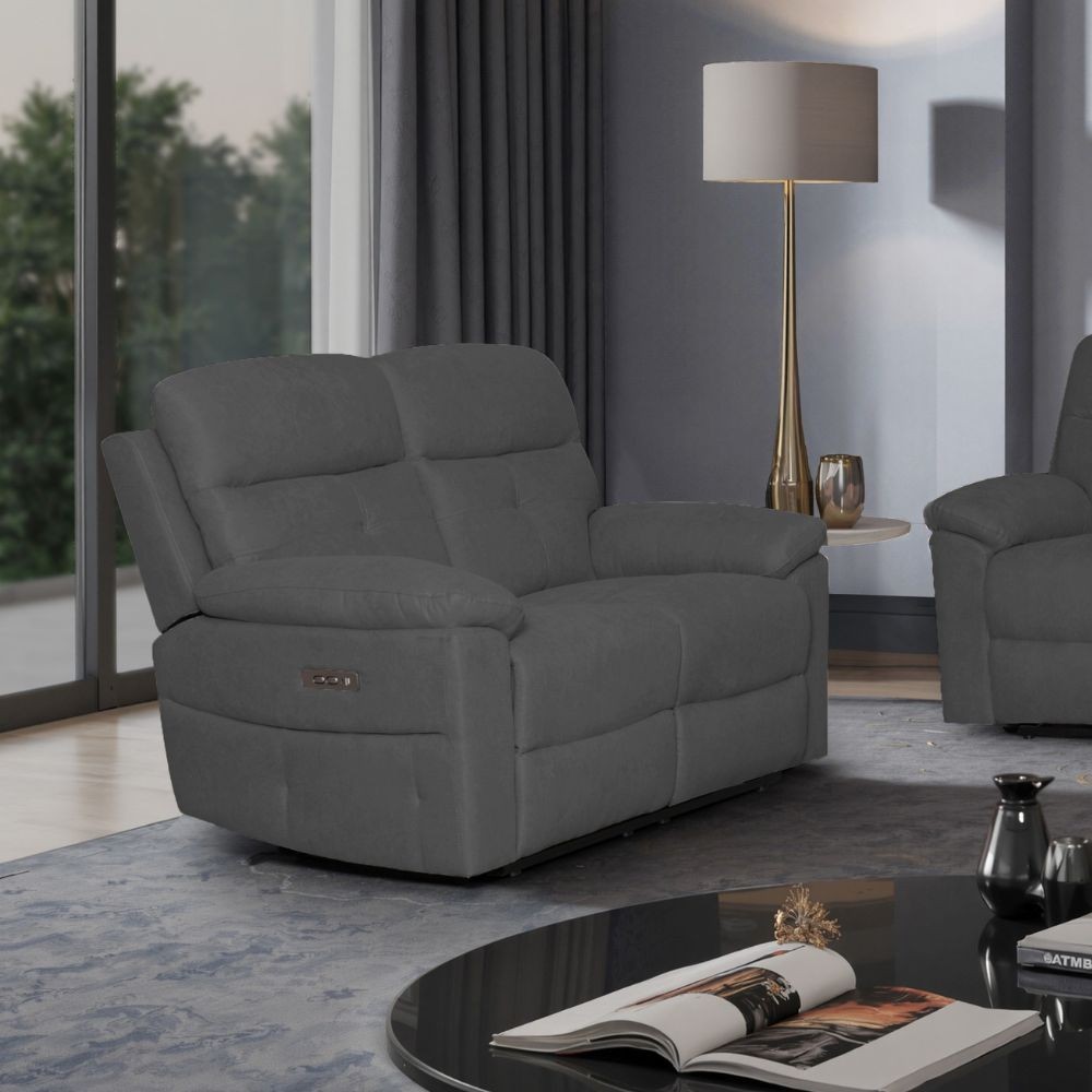Divano Kayde 2 posti recliner elettrico in tessuto grigio scuro – Comfort e relax totale