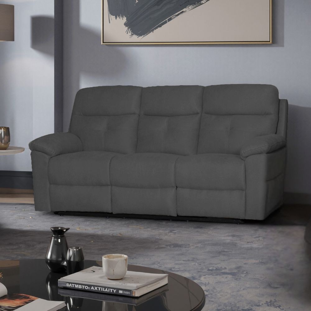 Divano Kayde 3 posti recliner elettrico in tessuto grigio scuro – Comfort e relax totale