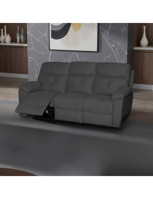 Divano Kayde 3 posti recliner elettrico in tessuto grigio scuro – Comfort e relax totale