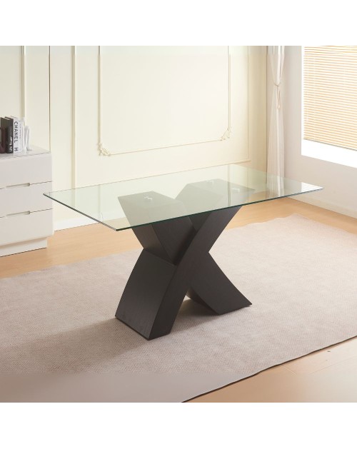 Tavolo fisso Duncan con piano in vetro e gambe incrociate effetto legno nero 150x90x76H