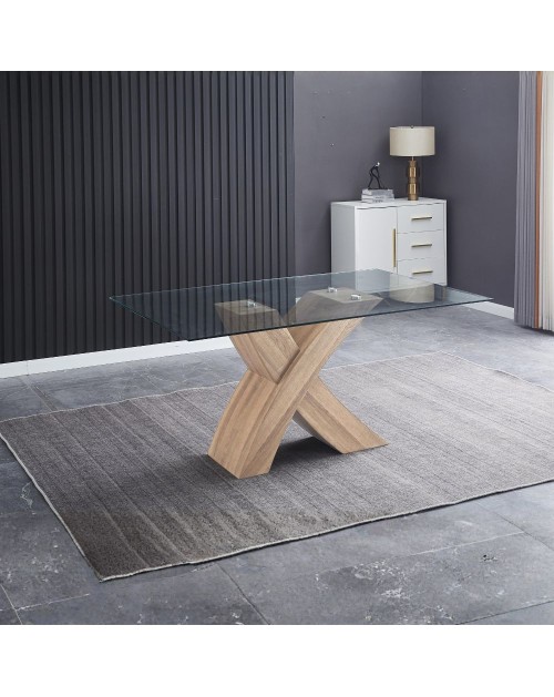 Tavolo fisso Duncan con piano in vetro e gambe incrociate effetto legno 150x90x76H