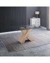 Tavolo fisso Duncan con piano in vetro e gambe incrociate effetto legno 150x90x76H