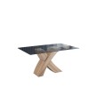 Tavolo fisso Duncan con piano in vetro e gambe incrociate effetto legno 150x90x76H