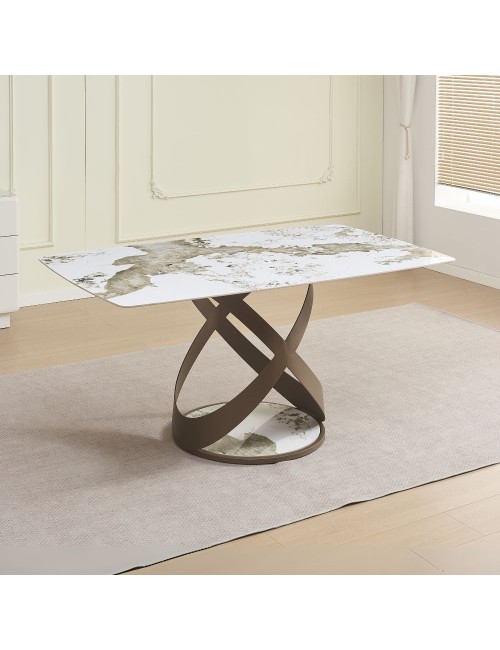 Tavolo fisso Velika con piano in ceramica marmo bianco e base in metallo intrecciata 160x90x76H