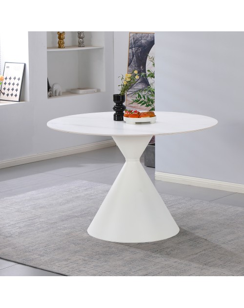 Tavolo Rotondo Taini Ø120 cm in Ceramica Effetto Marmo Bianco con Base Conica in Metallo