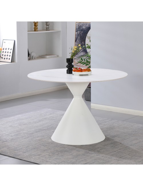 Tavolo Rotondo Taini Ø120 cm in Ceramica Effetto Marmo Bianco con Base Conica in Metallo