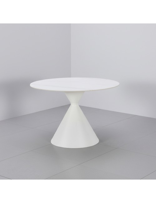 Tavolo Rotondo Taini Ø120 cm in Ceramica Effetto Marmo Bianco con Base Conica in Metallo