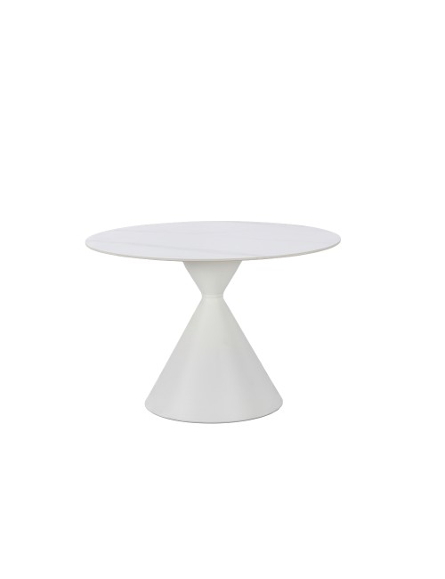Tavolo Rotondo Taini Ø120 cm in Ceramica Effetto Marmo Bianco con Base Conica in Metallo