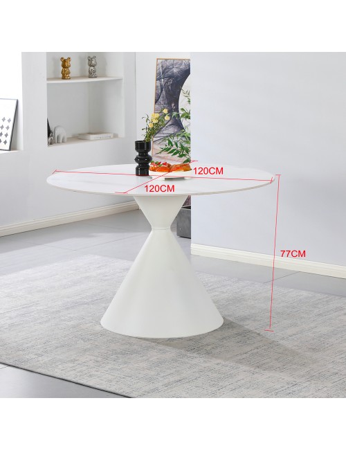 Tavolo Rotondo Taini Ø120 cm in Ceramica Effetto Marmo Bianco con Base Conica in Metallo