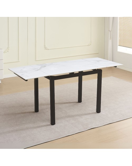 Tavolo allungabile Kyoto con piano in ceramica marmo bianco e struttura in metallo nero 100x70x75H