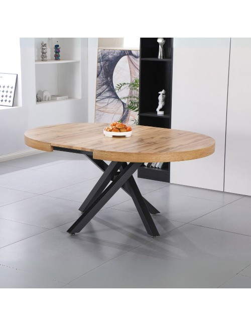 Tavolo rotondo Allungabile Raven piano rovere e gambe metallo nero