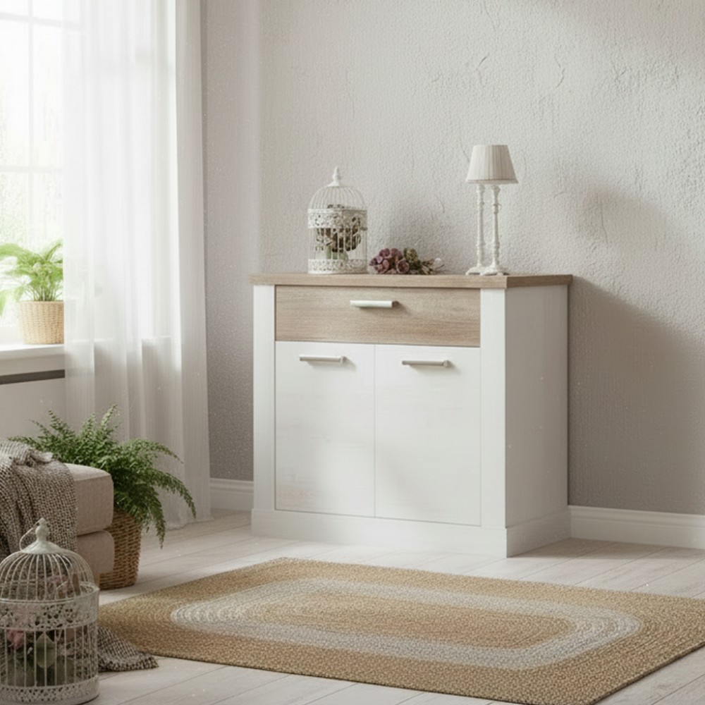Madia Flux 2 ante e 1 cassetto 101 cm pino bianco con top rovere antico
