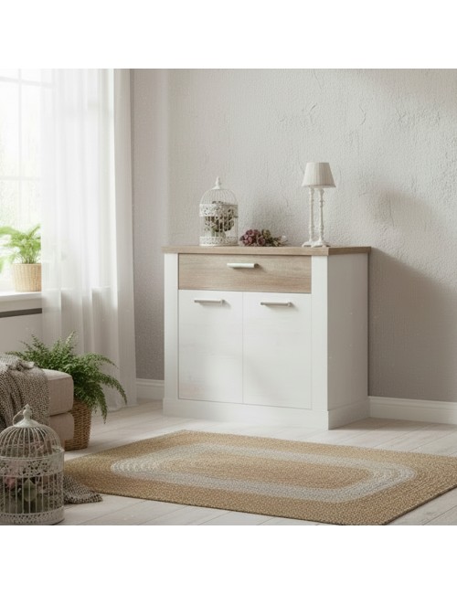 Madia Flux 2 ante e 1 cassetto 101 cm pino bianco con top rovere antico