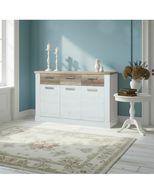Madia Flux 3 ante e 3 cassetti 140 cm pino bianco con top rovere antico