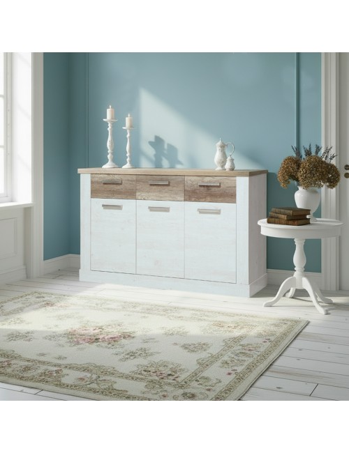 Madia Flux 3 ante e 3 cassetti 213 cm pino bianco con top rovere antico