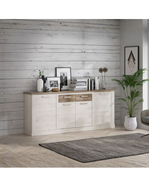 Madia Flux 4 ante e 2 cassetti 213 cm pino bianco con top rovere antico