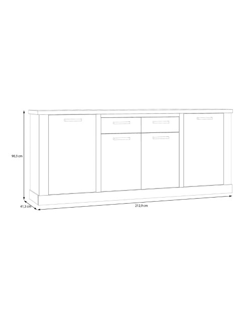 Madia Flux 4 ante e 2 cassetti 213 cm pino bianco con top rovere antico