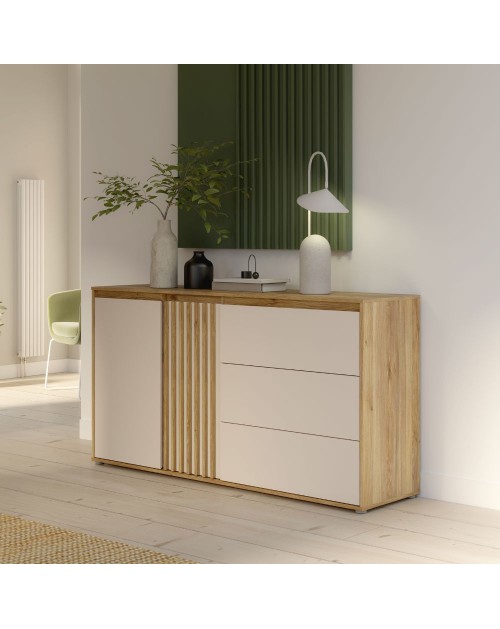 Madia Neutra Rovere e Cashmere con 3 Cassetti e Anta Cannettata