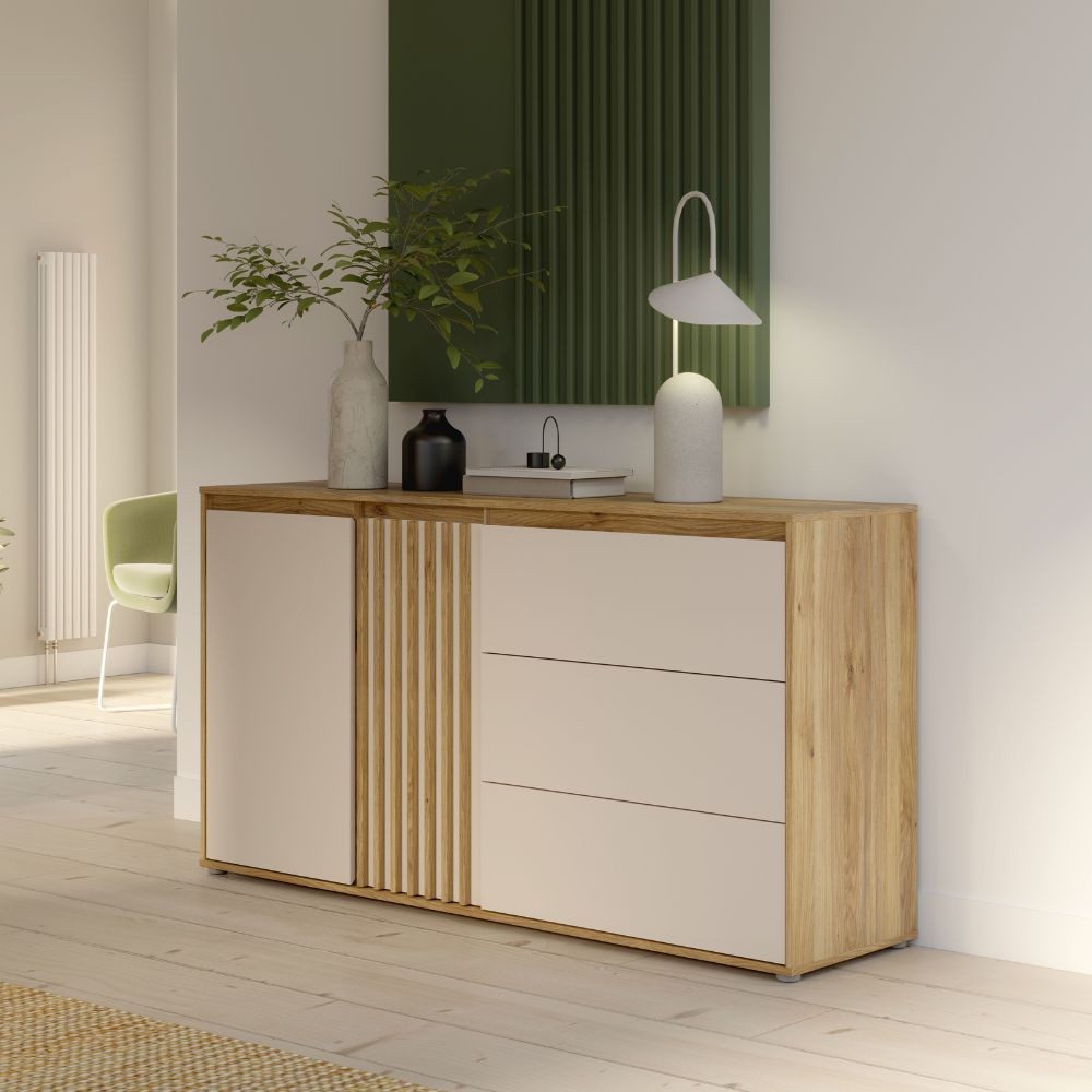 Madia Neutra Rovere e Cashmere con 3 Cassetti e Anta Cannettata