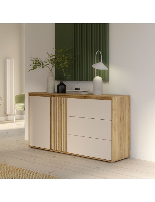 Madia Neutra Rovere e Cashmere con 3 Cassetti e Anta Cannettata