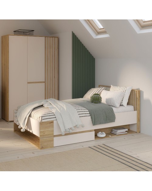Letto Una Piazza e Mezza Neutra 120x200 con Cassetto e Vani a Giorno Rovere e Cashmere