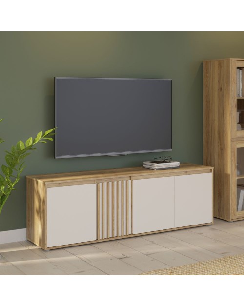 Porta TV Neutra Rovere e Cashmere con 4 Ante con dettagli Cannettati