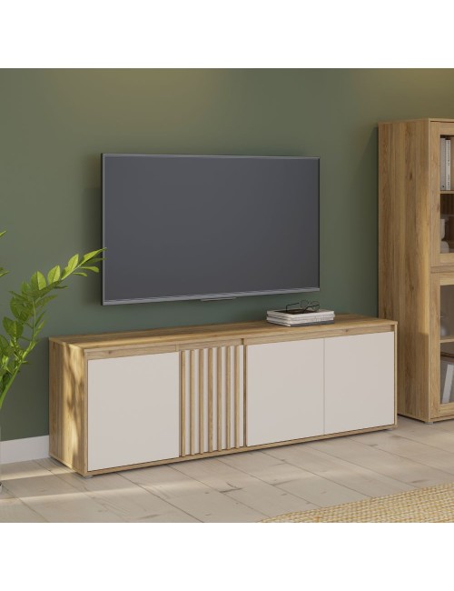 Porta TV Neutra Rovere e Cashmere con 4 Ante con dettagli Cannettati
