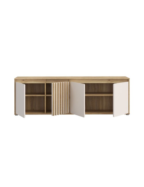 Porta TV Neutra Rovere e Cashmere con 4 Ante con dettagli Cannettati