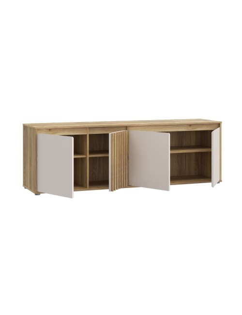 Porta TV Neutra Rovere e Cashmere con 4 Ante con dettagli Cannettati