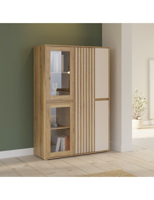 Vetrina Neutra Rovere e Cashmere con Ante in Vetro Temperato e Dettagli Cannettati