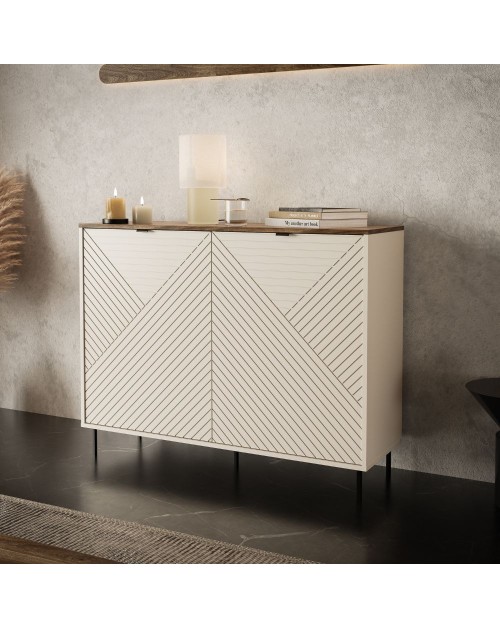 Credenza Mirage01 con 2 ante design geometrico colore cashmere e top rovere