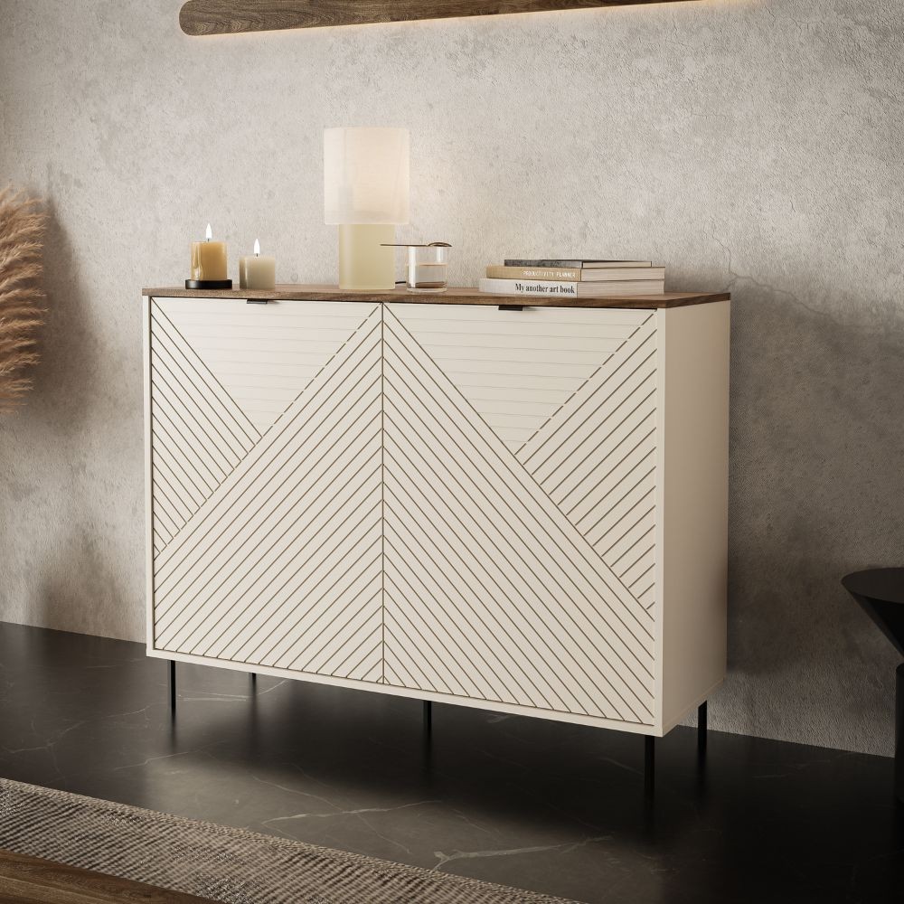 Credenza Mirage01 con 2 ante design geometrico colore cashmere e top rovere