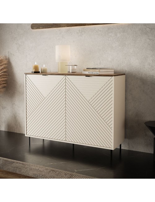 Credenza Mirage01 con 2 ante design geometrico colore cashmere e top rovere