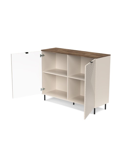 Credenza Mirage01 con 2 ante design geometrico colore cashmere e top rovere