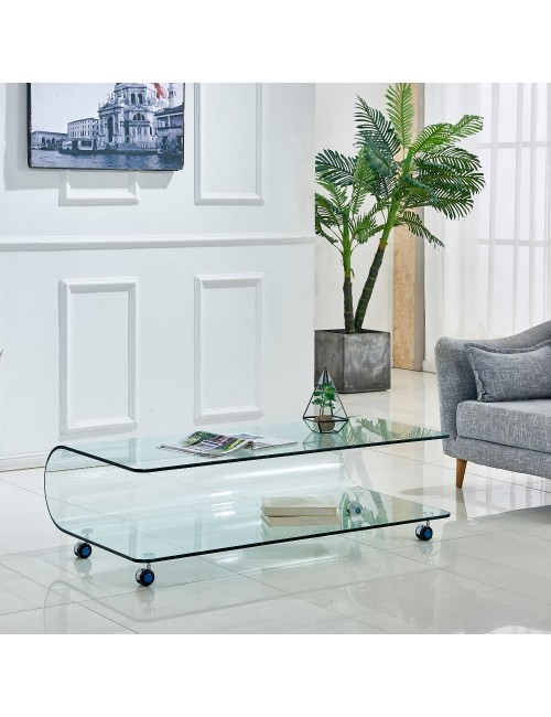 Tavolino basso in vetro temperato curvato con ruote Magnolia 100x60x39H