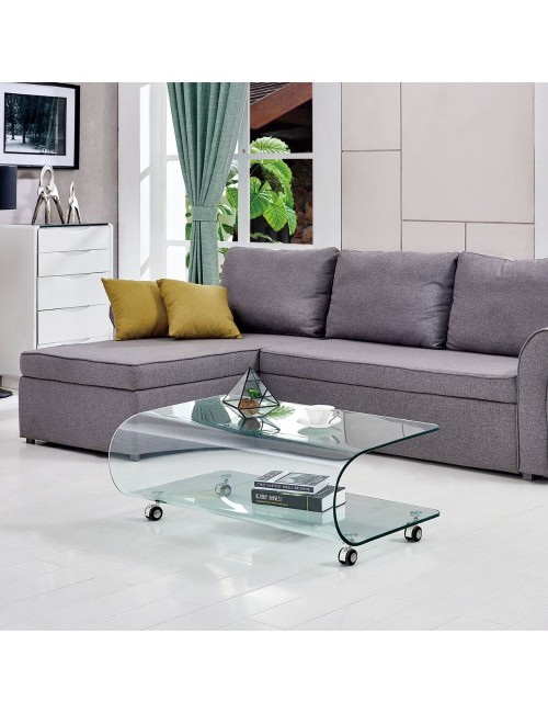 Tavolino basso in vetro temperato curvato con ruote Magnolia 100x60x39H