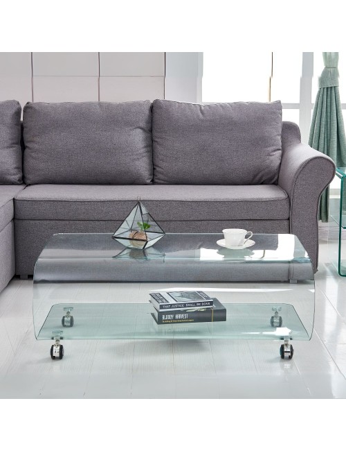 Tavolino basso in vetro temperato curvato con ruote Magnolia 100x60x39H