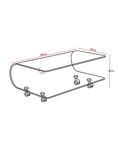 Tavolino basso in vetro temperato curvato con ruote Magnolia 100x60x39H