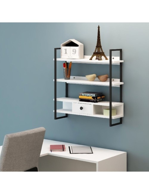 Scaffale da Parete Mensole e Cassetto Severo Colore Nero e Bianco